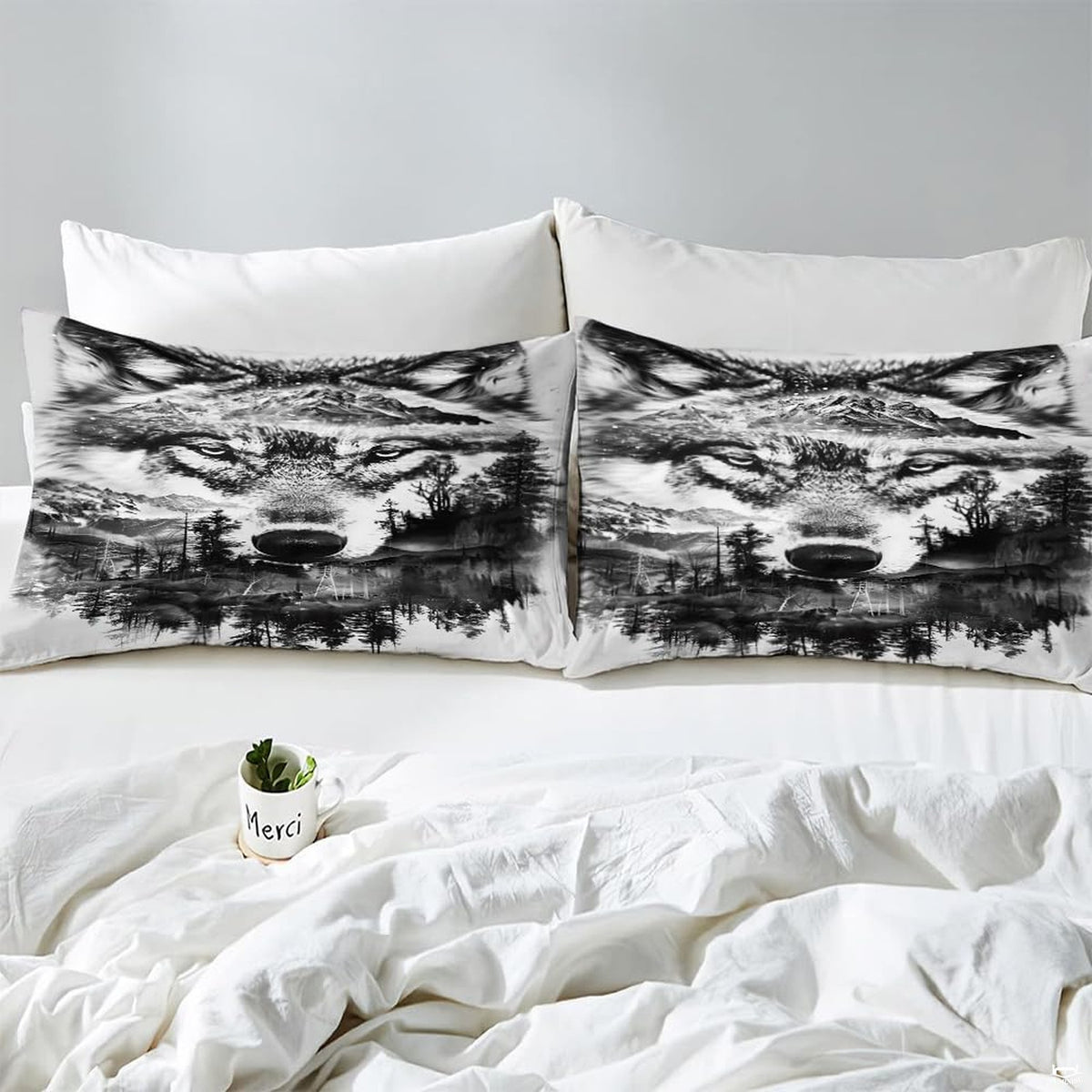 Close pillows with wolf face merged into snowy peaks and evergreen forest