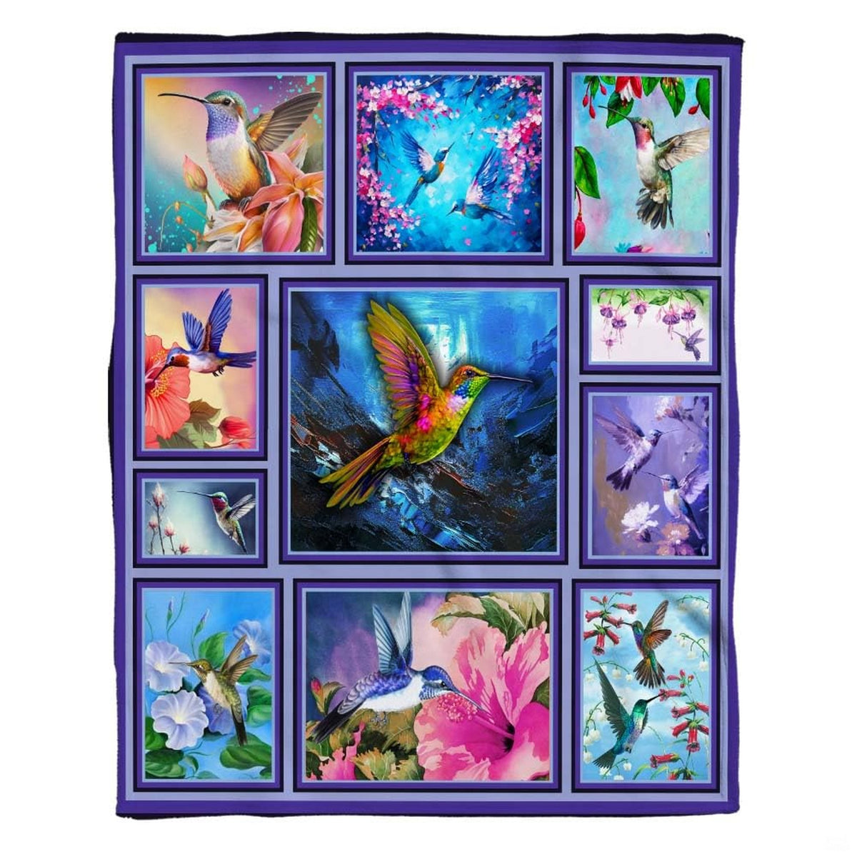 Gallery collage of colorful hummingbirds and blooming flowers, view 2.
