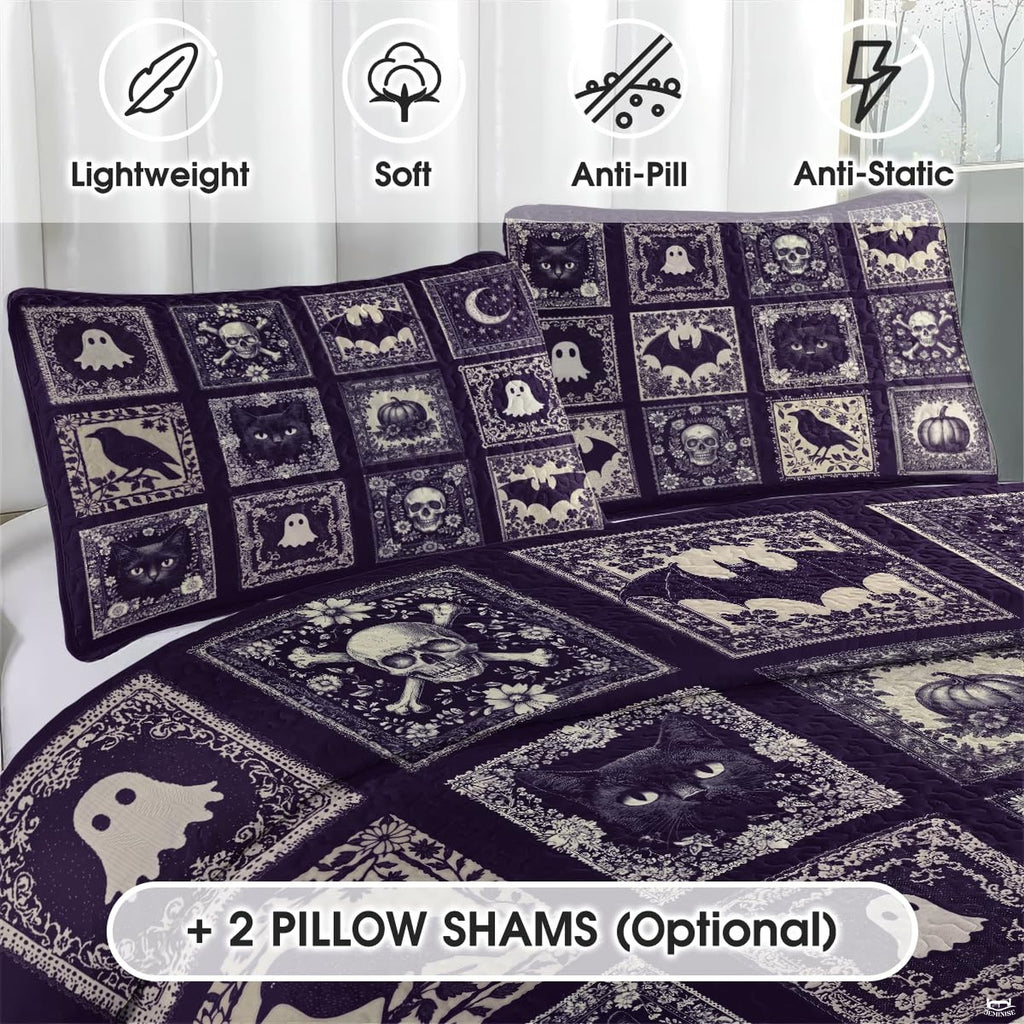 Detailed print on purple gothic bedding showcasing vintage florals, pumpkins, and friendly ghosts on deep purple.