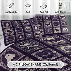Detailed print on purple gothic bedding showcasing vintage florals, pumpkins, and friendly ghosts on deep purple.
