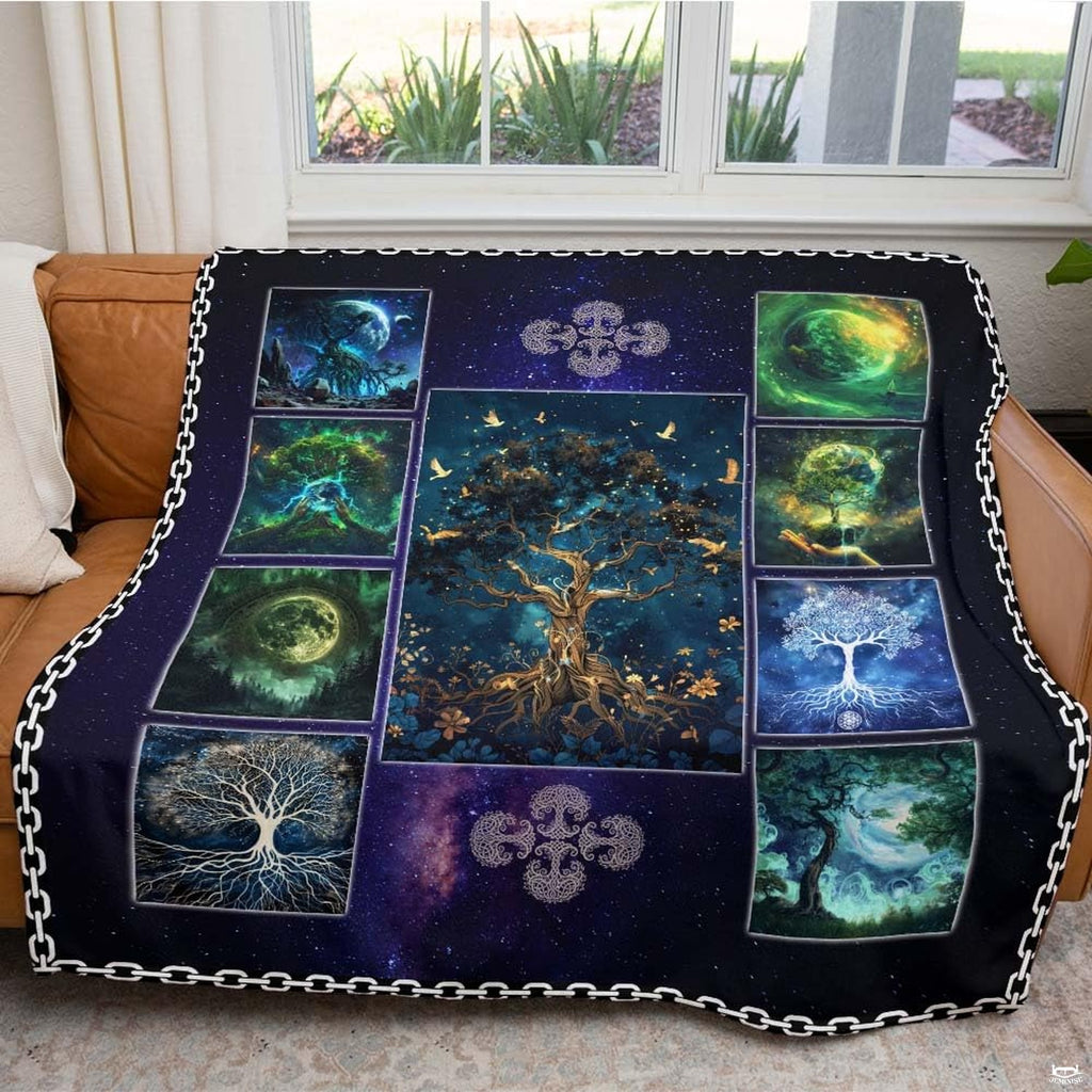 Atmospheric bohemian lounge setting displaying cosmic Tree of Life throw blanket draped on armchair