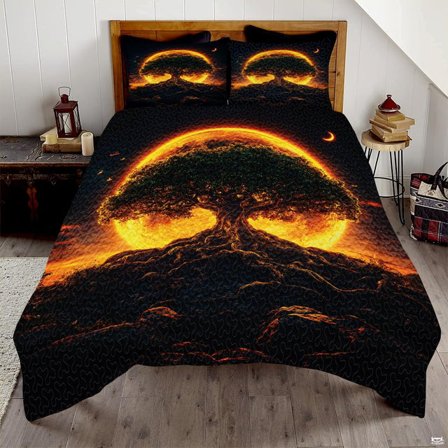 Celestial tree of life bedding set displayed in master bedroom decor with radiant amber moon.