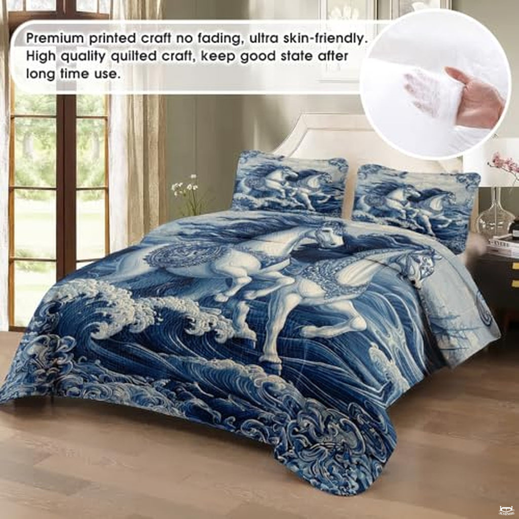 Angled bedroom view highlighting blue and white horse bedding set beside window.