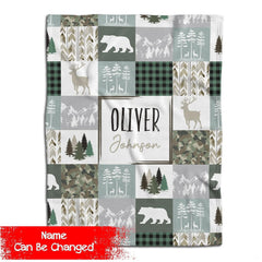 Framed central panel surrounded by rustic woodland squares of forest wildlife and mountain peak artwork.