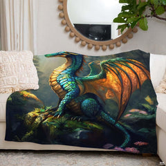 Bedroom styled with enchanted forest bedroom ideas featuring emerald green dragon artwork and botanical decor.