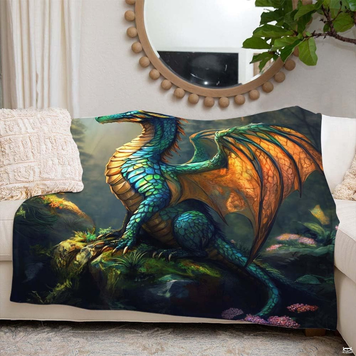 Bedroom styled with enchanted forest bedroom ideas featuring emerald green dragon artwork and botanical decor.