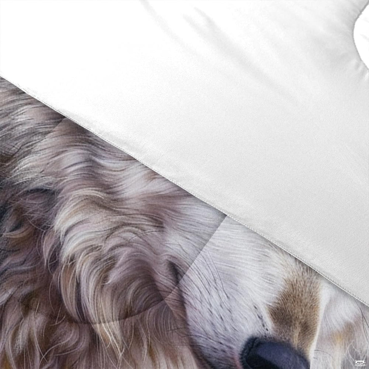 Close product detail showing gray wolf fur, nose, and plain white reverse