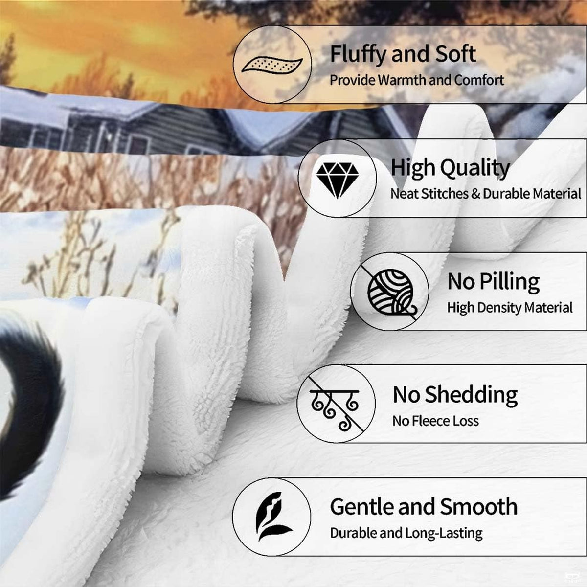 Snow-covered log cabins and evergreen trees artwork on country wildlife bedding.