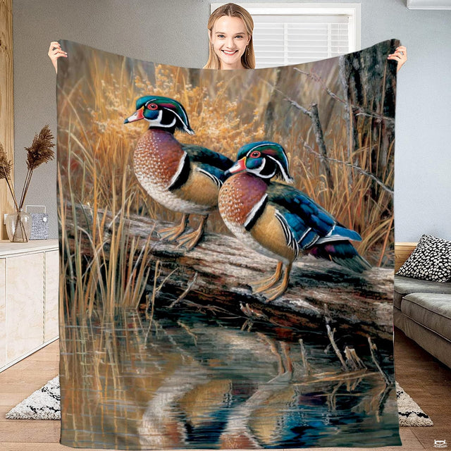 Rustic wood duck bedding set featuring colorful wildlife art on a fallen log by calm waters.