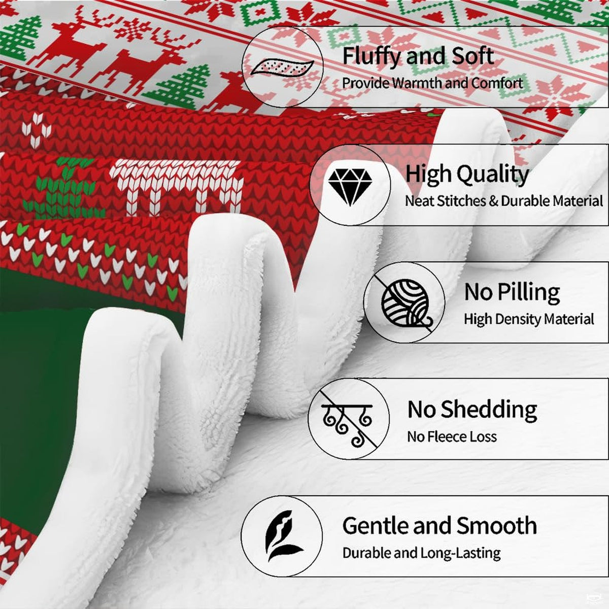 Red and green Christmas graphic blanket displayed on living room sofa