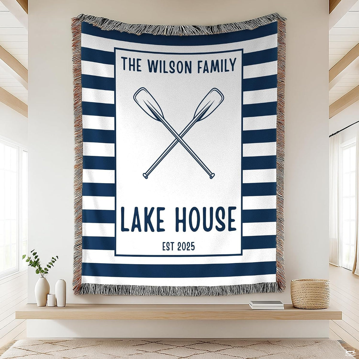 Cabin bedding sets featuring crossed canoe paddles and bold navy stripes.