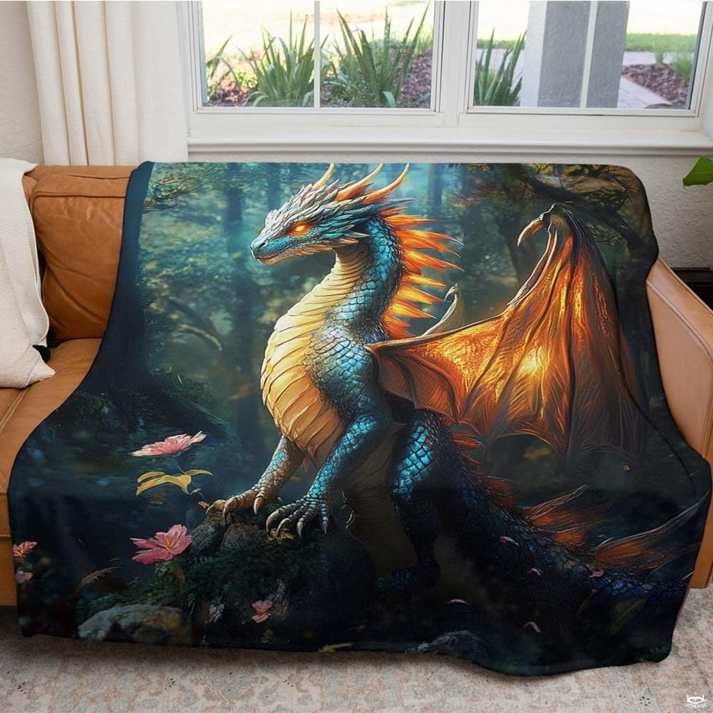 Enchanted forest vista featuring a majestic dragon with glowing wings in an amazing digital circus bedding set motif.