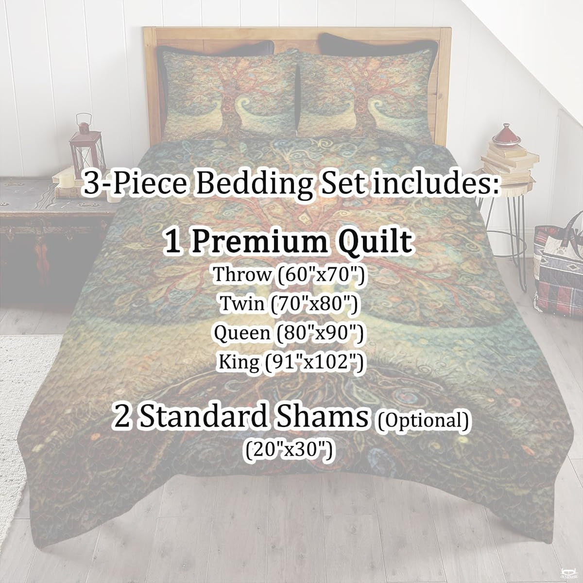 Ornate decorative Tree of Life motif on bedding, showcasing rich russet red and forest green aesthetic bedroom design ideas.