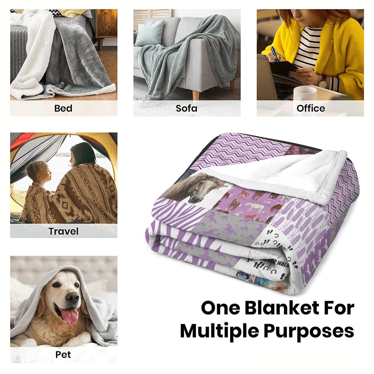 Lavender equestrian horse patchwork collage graphic blanket showing watercolor portraits and chevrons view 6
