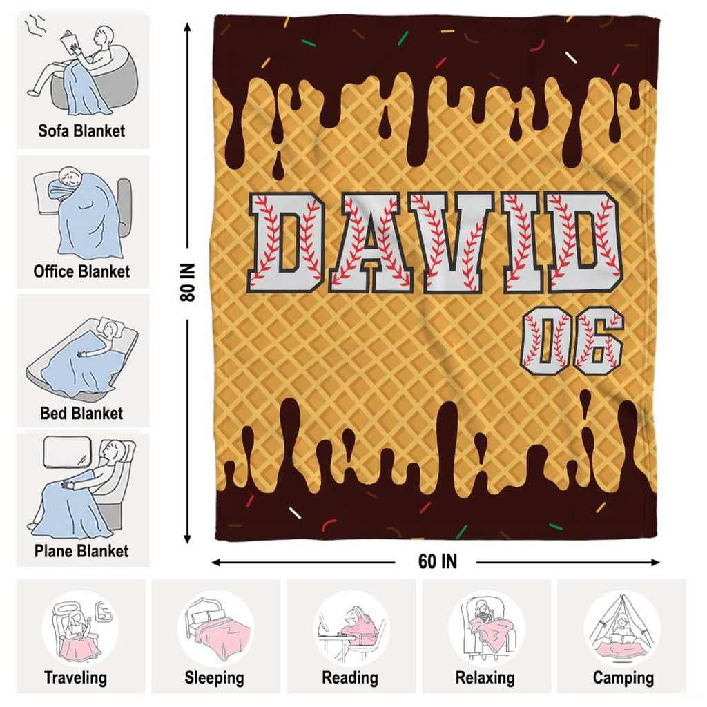 Waffle cone pattern with dripping chocolate and baseball-laced varsity lettering, view 5.