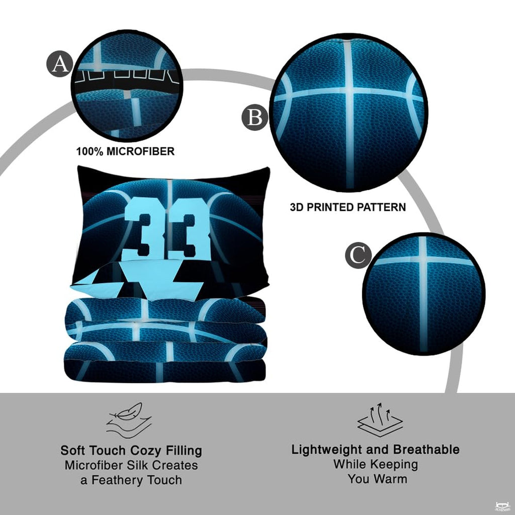 Overhead view of electric cyan basketball sports bedding spread across a contemporary bedroom bed setup