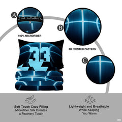 Overhead view of electric cyan basketball sports bedding spread across a contemporary bedroom bed setup