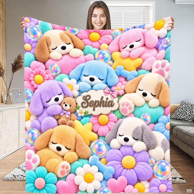 Sleeping pastel puppies resting among colorful daisy flowers and bubbles, view 2.