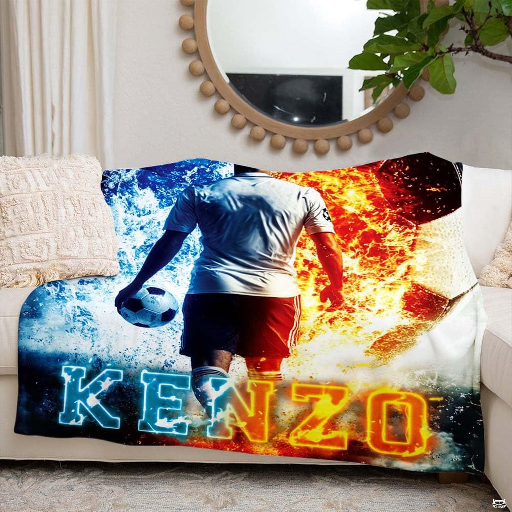 Fire and water soccer drape arranged on couch with round mirror