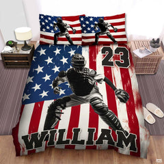 Personalized Baseball Bedding Full Size Flag Custom Name Duvet Cover Set Sport Decor Sports Comforter Bed Set (Baseball Player Flag)