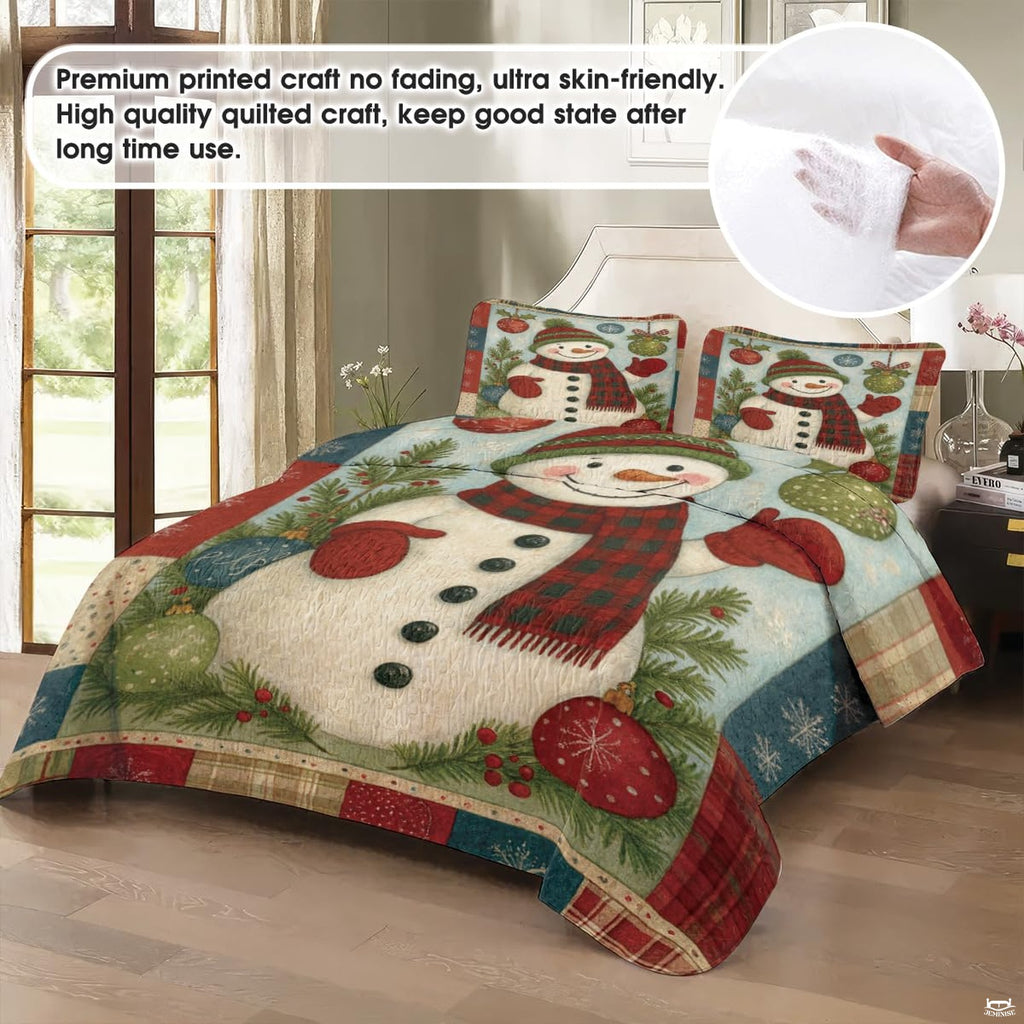 Top-down perspective of snowman bedding set displaying frosty sage green borders and snowflake motifs.