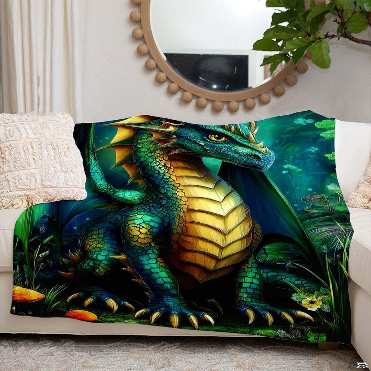 Top-thematic accent view highlighting the dynamic emerald dragon illustration surrounded by glowing aquatic hues.