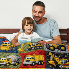 Complete construction vehicle bedding layout displaying trucks, tractors, and industrial hardware art.
