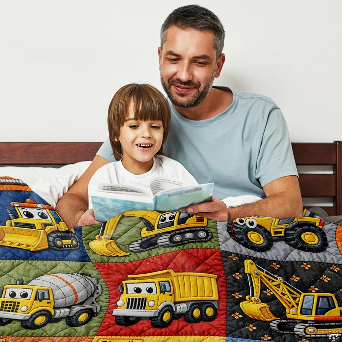 Complete construction vehicle bedding layout displaying trucks, tractors, and industrial hardware art.