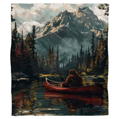 Scenic oil painting of Bigfoot fishing in red canoe on alpine lake, view 7.
