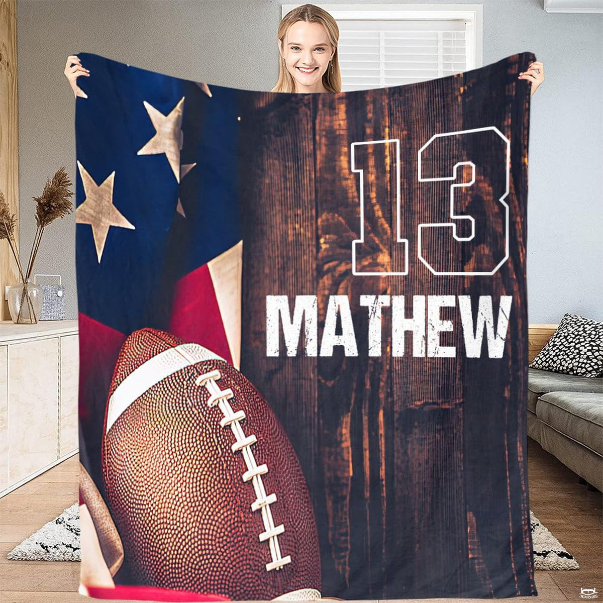 Athletic sports room bedding design featuring distressed collegiate block lettering and football motif.