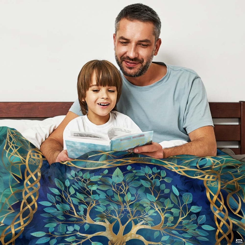 Overhead artistic view of the gold teal bedding set displaying botanical vines and sacred Celtic emblem.