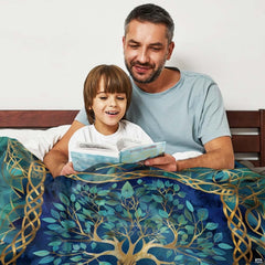 Overhead artistic view of the gold teal bedding set displaying botanical vines and sacred Celtic emblem.