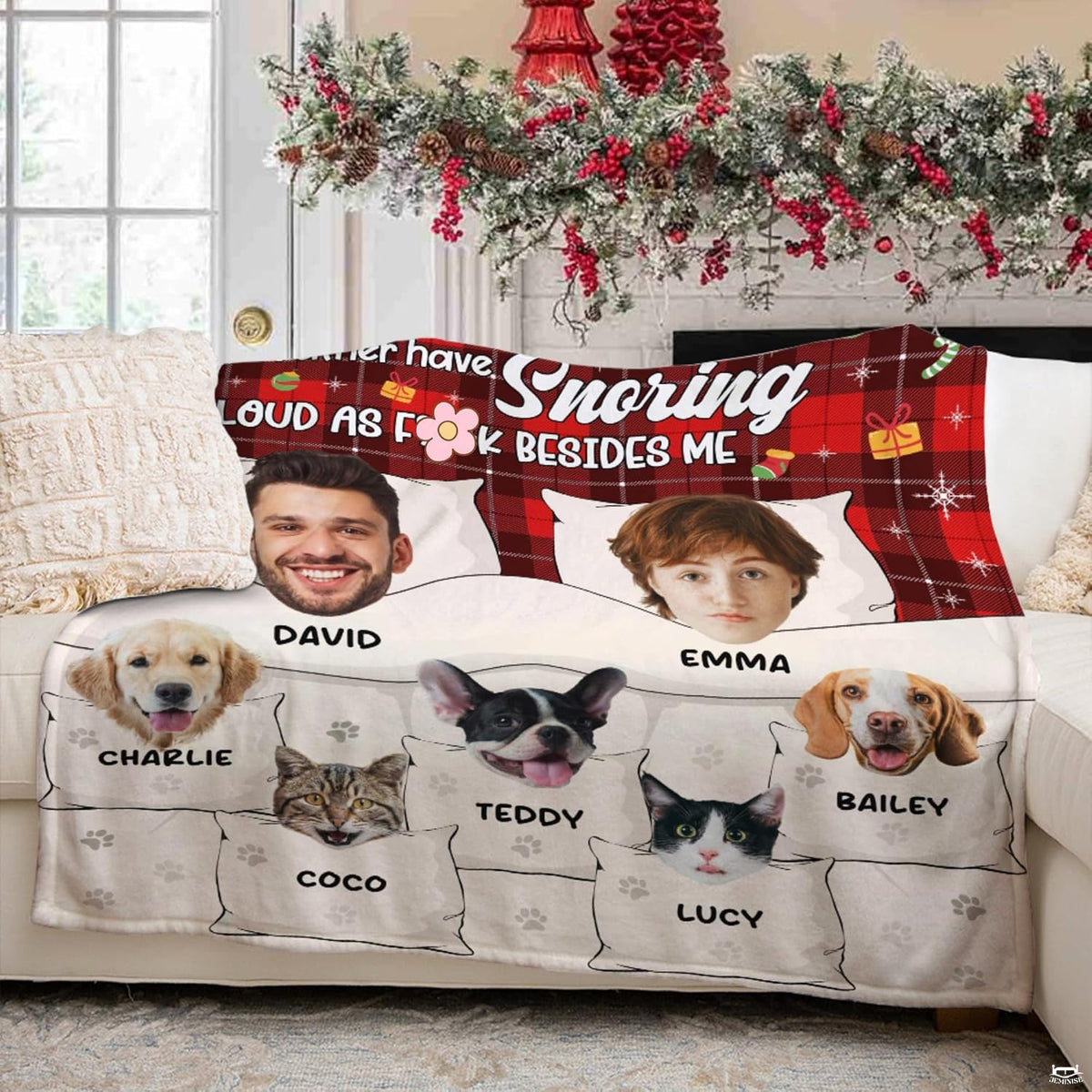 Christmas pet family throw blanket view 6 highlighting couple and pet portraits, bedtime pillows, and red plaid
