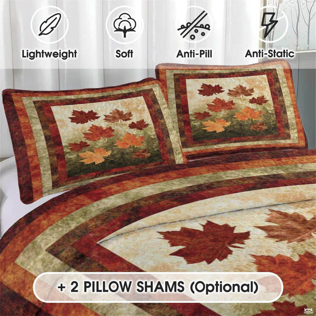 Close-up detail of painterly maple leaf artwork and terracotta copper tones on autumn bedding
