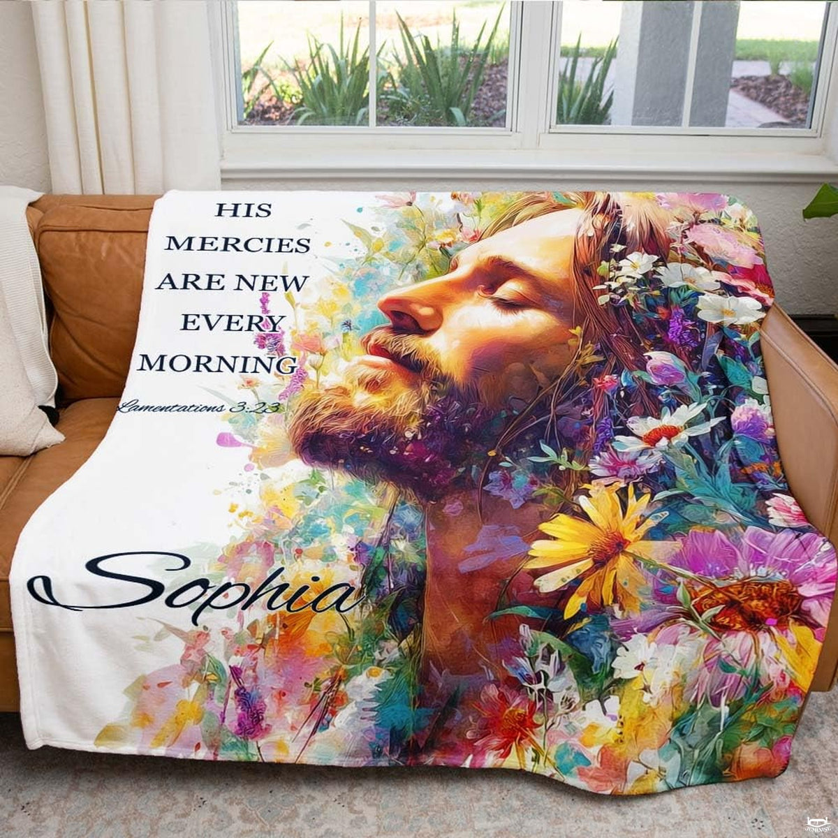 Jesus Christ blanket draped across a living room chair in a sunlit interior.