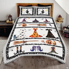 Halloween witch themed bedding set showcasing flying witches, jack-o'-lanterns, and spooky artwork.