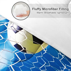 Corner fold view of blue bokeh soccer bedding highlighting luminous turquoise and sapphire graphic printing