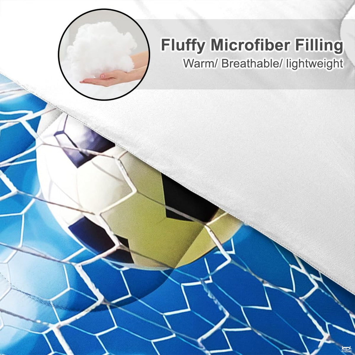 Corner fold view of blue bokeh soccer bedding highlighting luminous turquoise and sapphire graphic printing
