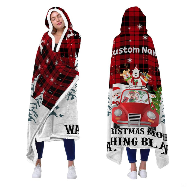 Christmas holiday throw blanket view 2 highlighting Santa in red car, winter animals, and snowy pine trees