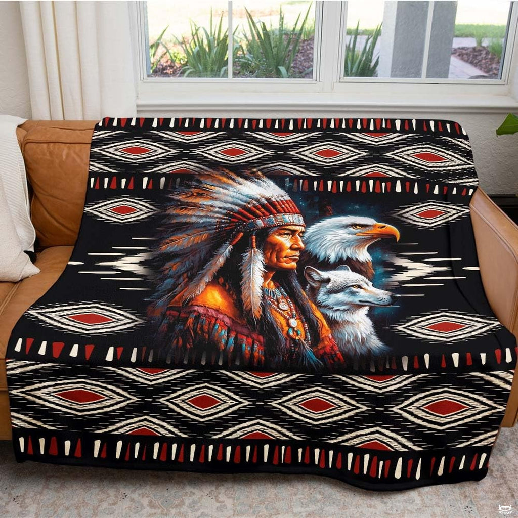 Native warrior eagle wolf throw blanket view 5 highlighting tribal diamonds, headdress, and wildlife