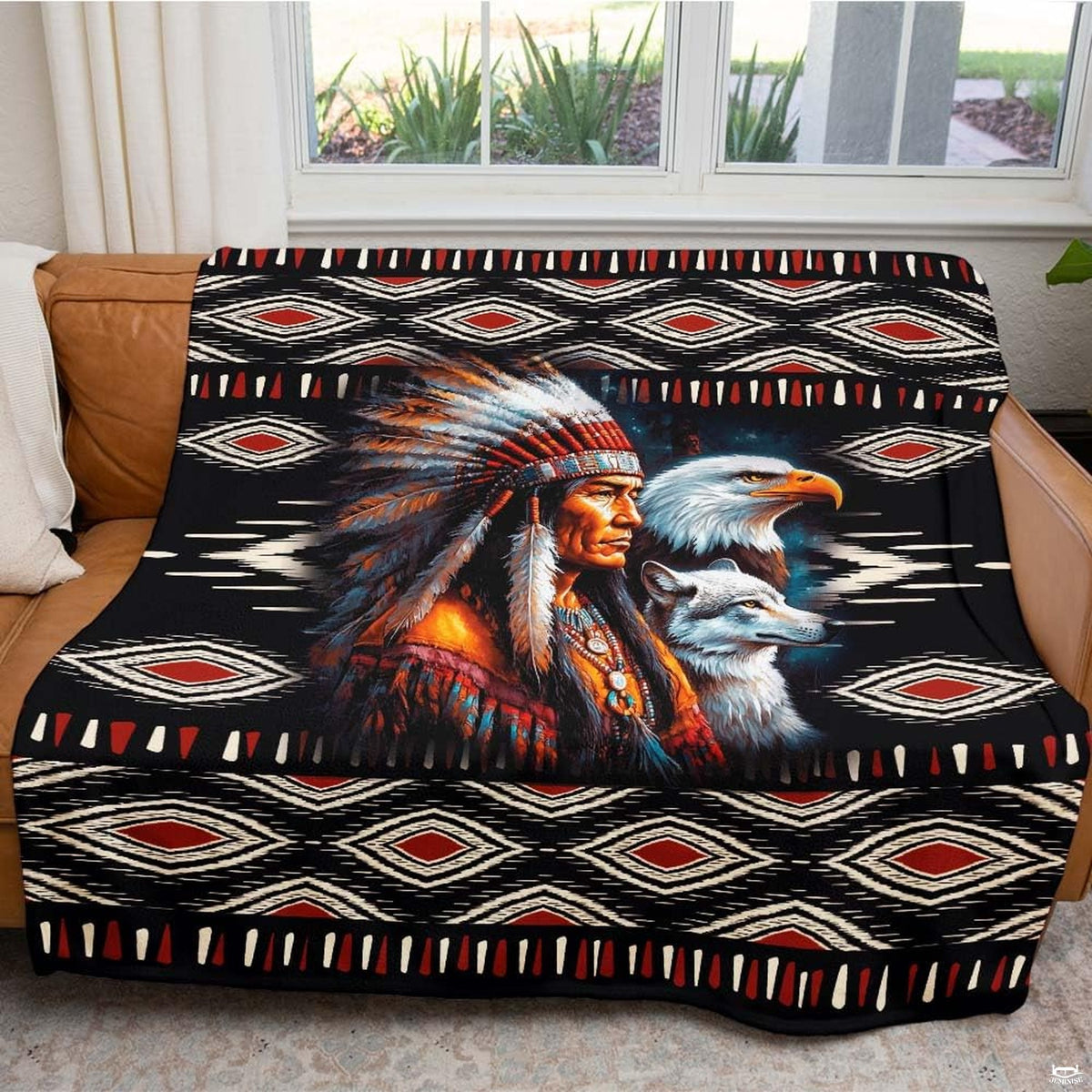 Native warrior eagle wolf throw blanket view 5 highlighting tribal diamonds, headdress, and wildlife