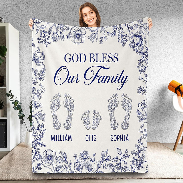Porcelain blue floral border and botanical footprint silhouettes graphic print on Blanket.