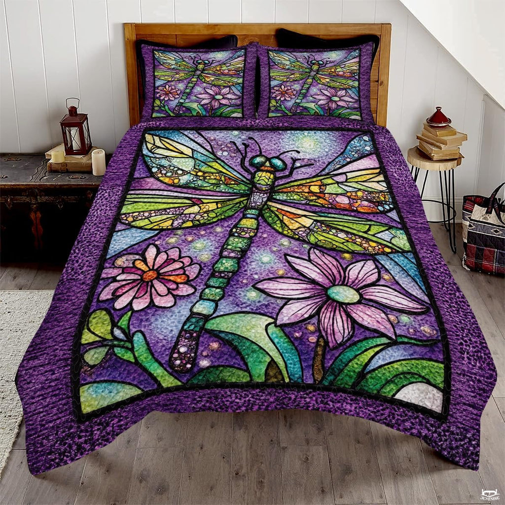 Dragonfly Pattern Quilt Set, Dragonflies Vintage Quilt Set Patchwork Style, Purple Patchwork Pattern Cotton Quilt Bedspread, Dragonfly Bedding Blanket for Daughter/Mother, Grandma