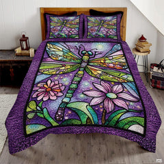 Dragonfly Pattern Quilt Set, Dragonflies Vintage Quilt Set Patchwork Style, Purple Patchwork Pattern Cotton Quilt Bedspread, Dragonfly Bedding Blanket for Daughter/Mother, Grandma