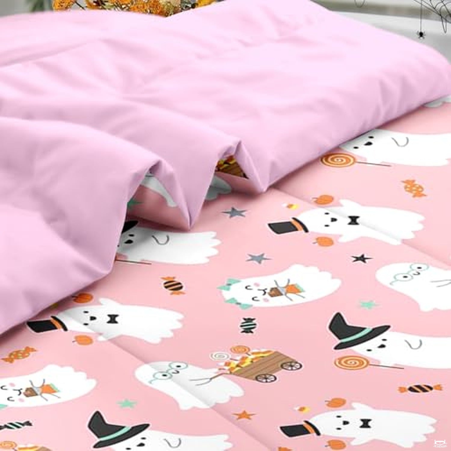 Pamnest Twin Halloween Comforter Set with Sheets, 5 Pieces Pink Bedding