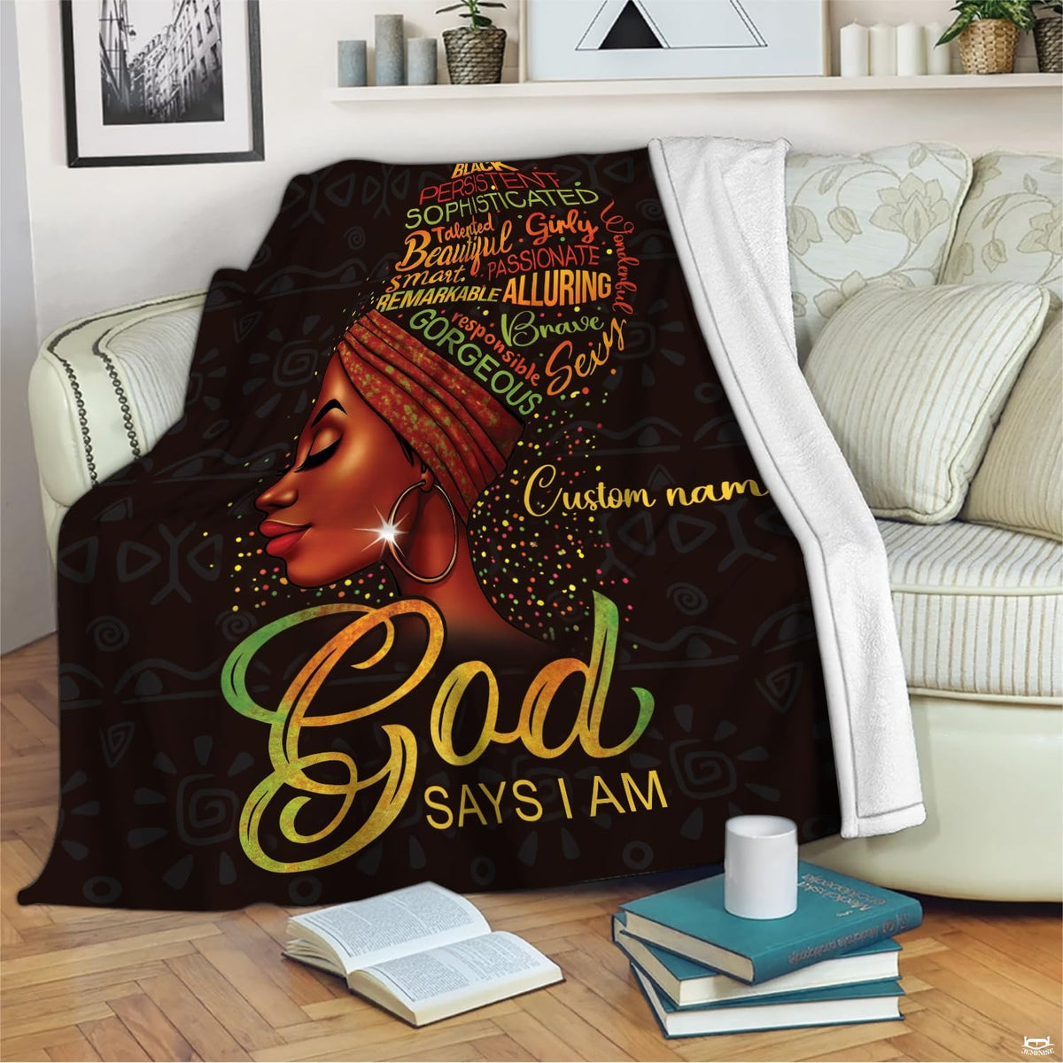 Detail perspective highlighting tribal background motifs and colorful typographic afro art on a blanket