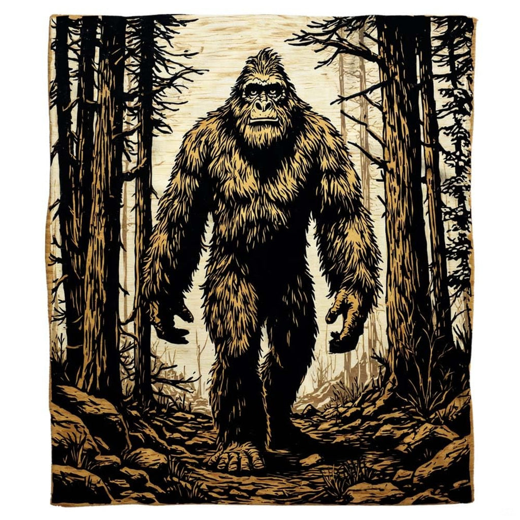 Forward-facing woodcut Sasquatch walking along a forest path framed by pine trees, view 2.
