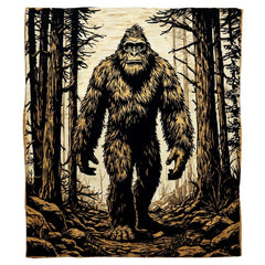 Forward-facing woodcut Sasquatch walking along a forest path framed by pine trees, view 2.