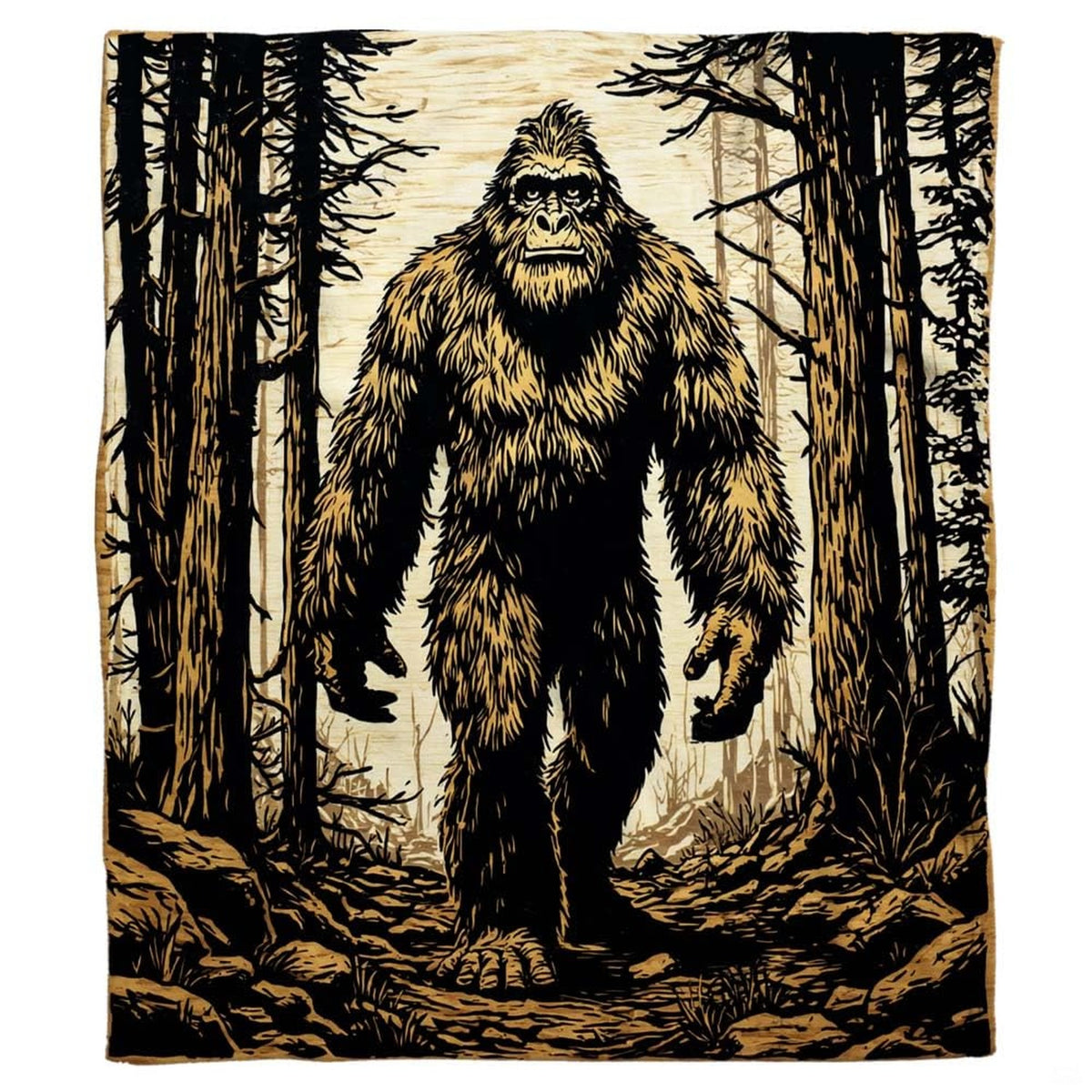 Forward-facing woodcut Sasquatch walking along a forest path framed by pine trees, view 2.