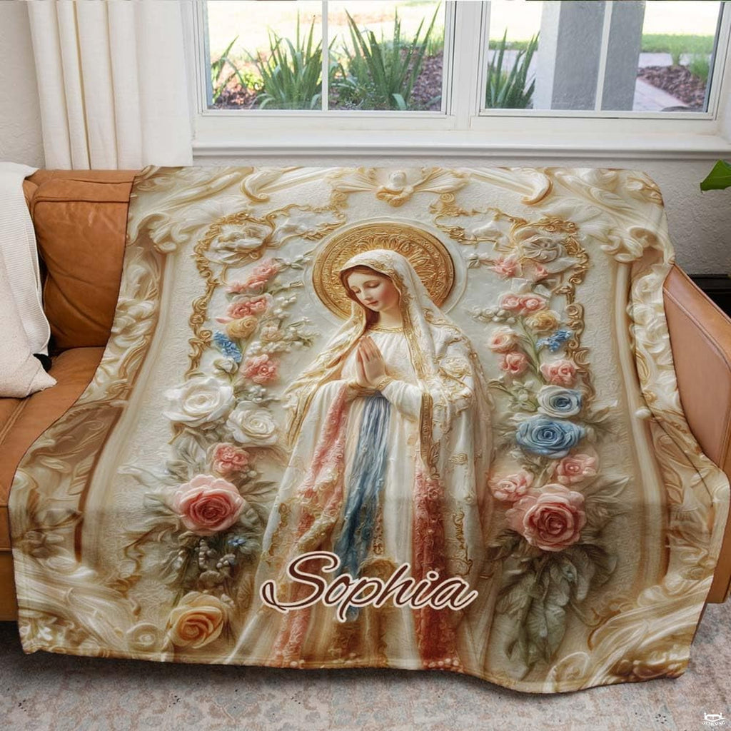 Close-up of sculpted relief details showing pastel blue and blush undertones on cream robes.